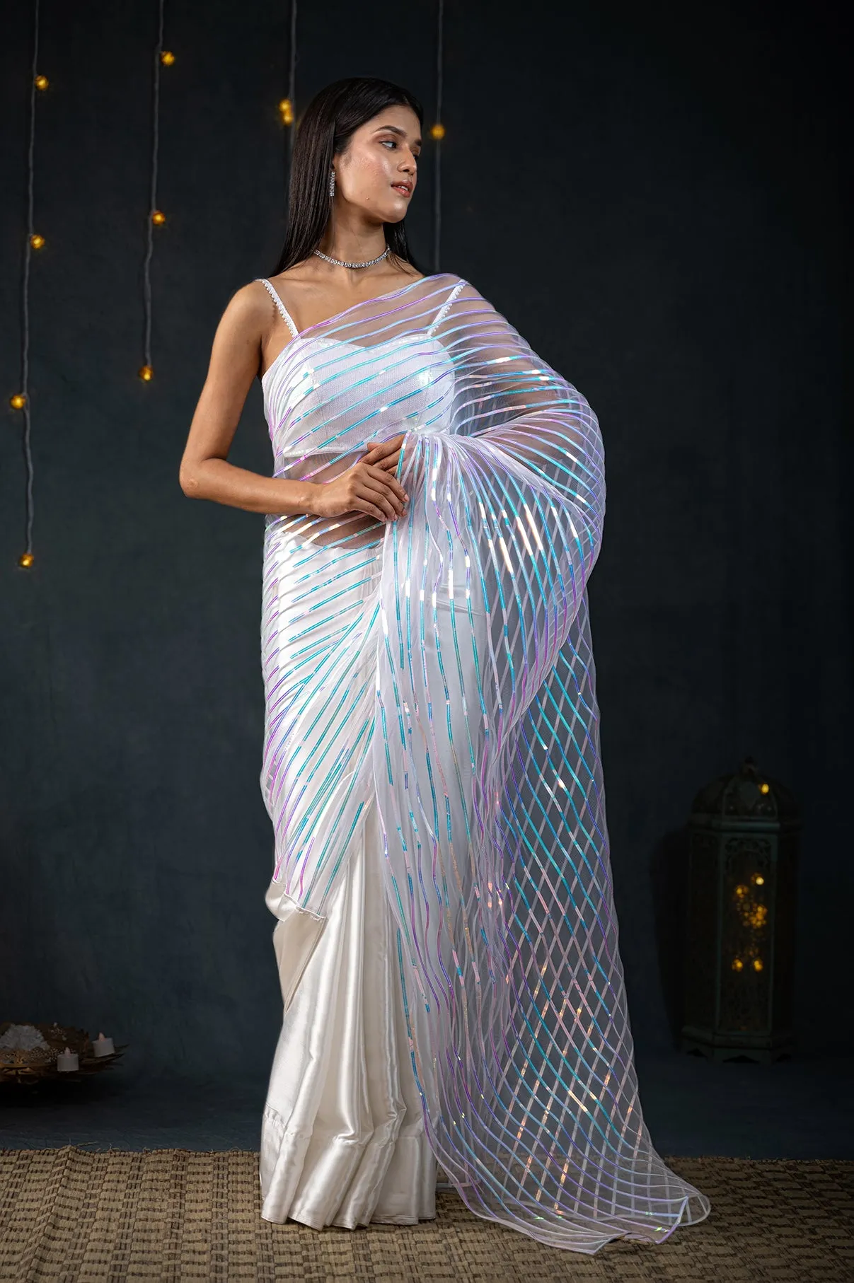 White Impression Net Saree