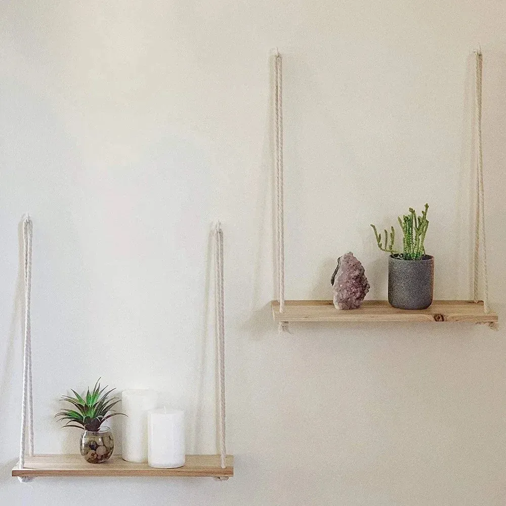 Wood Swing Hanging Rope Wall Mounted Floating Shelves Indoor Outdoor Home Decoration