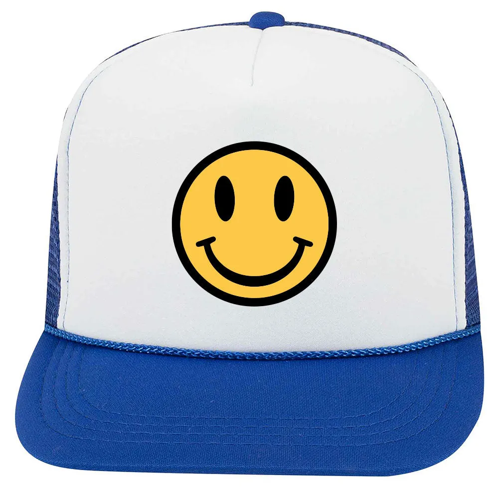 Youth Kid's Happy Face Suede Like Feel Textured Printed 5 Panel High Crown Foam Mesh Back Trucker Hat