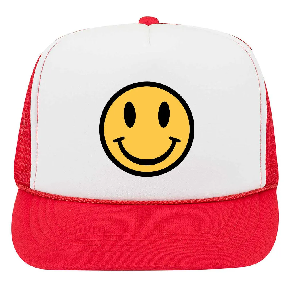 Youth Kid's Happy Face Suede Like Feel Textured Printed 5 Panel High Crown Foam Mesh Back Trucker Hat
