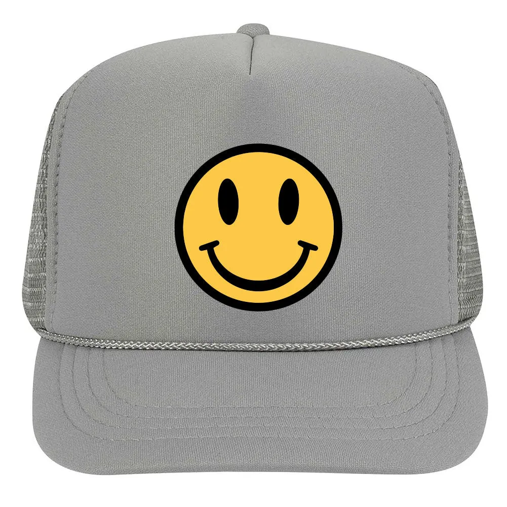 Youth Kid's Happy Face Suede Like Feel Textured Printed 5 Panel High Crown Foam Mesh Back Trucker Hat