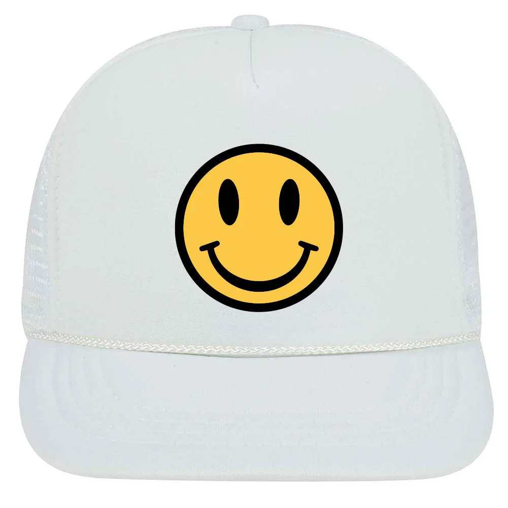 Youth Kid's Happy Face Suede Like Feel Textured Printed 5 Panel High Crown Foam Mesh Back Trucker Hat