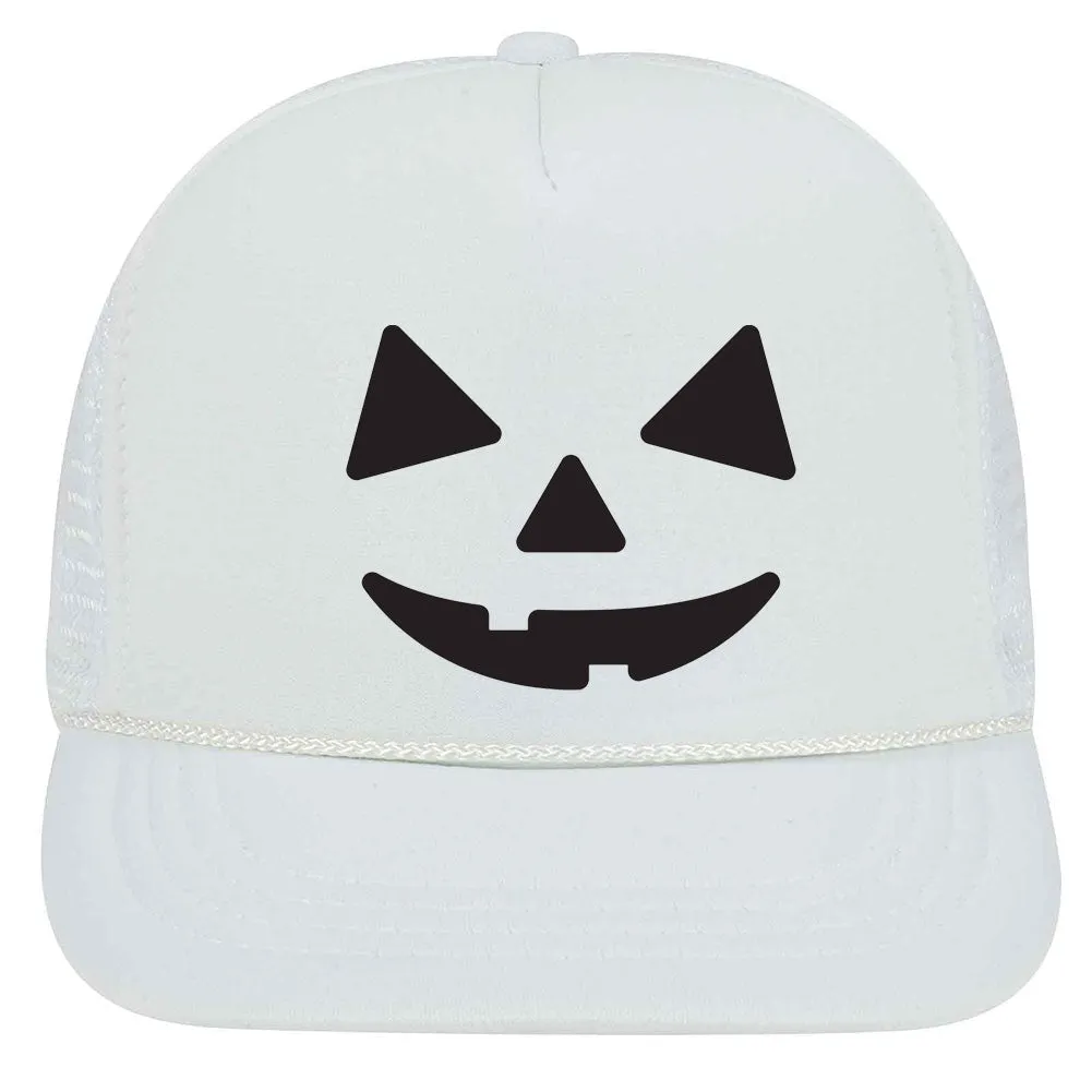 Youth Kid's Pumpkin Happy Face Puff Halloween Printed 5 Panel High Crown Foam Mesh Back Trucker Hat for Boys and Girls