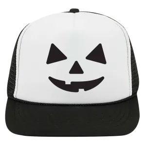 Youth Kid's Pumpkin Happy Face Puff Halloween Printed 5 Panel High Crown Foam Mesh Back Trucker Hat for Boys and Girls