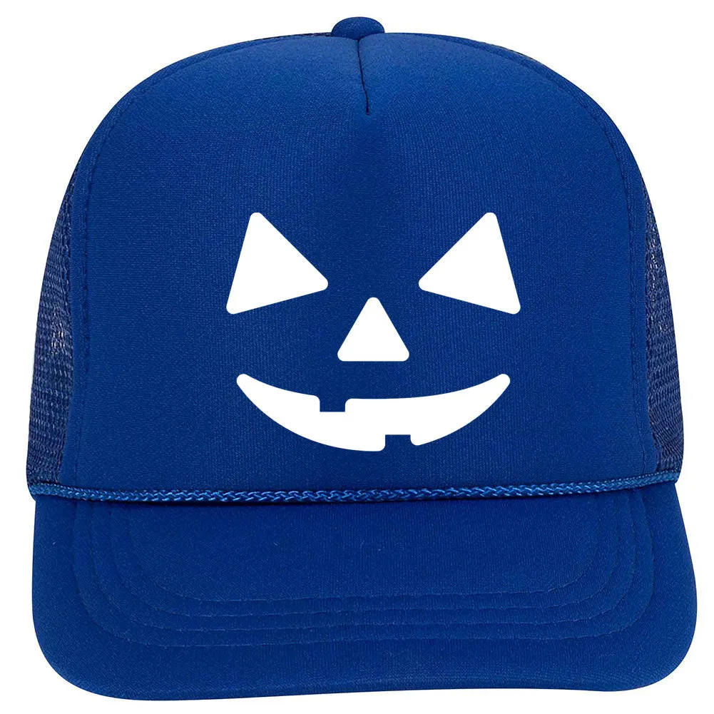Youth Kid's Pumpkin Happy Face Puff Halloween Printed 5 Panel High Crown Foam Mesh Back Trucker Hat for Boys and Girls