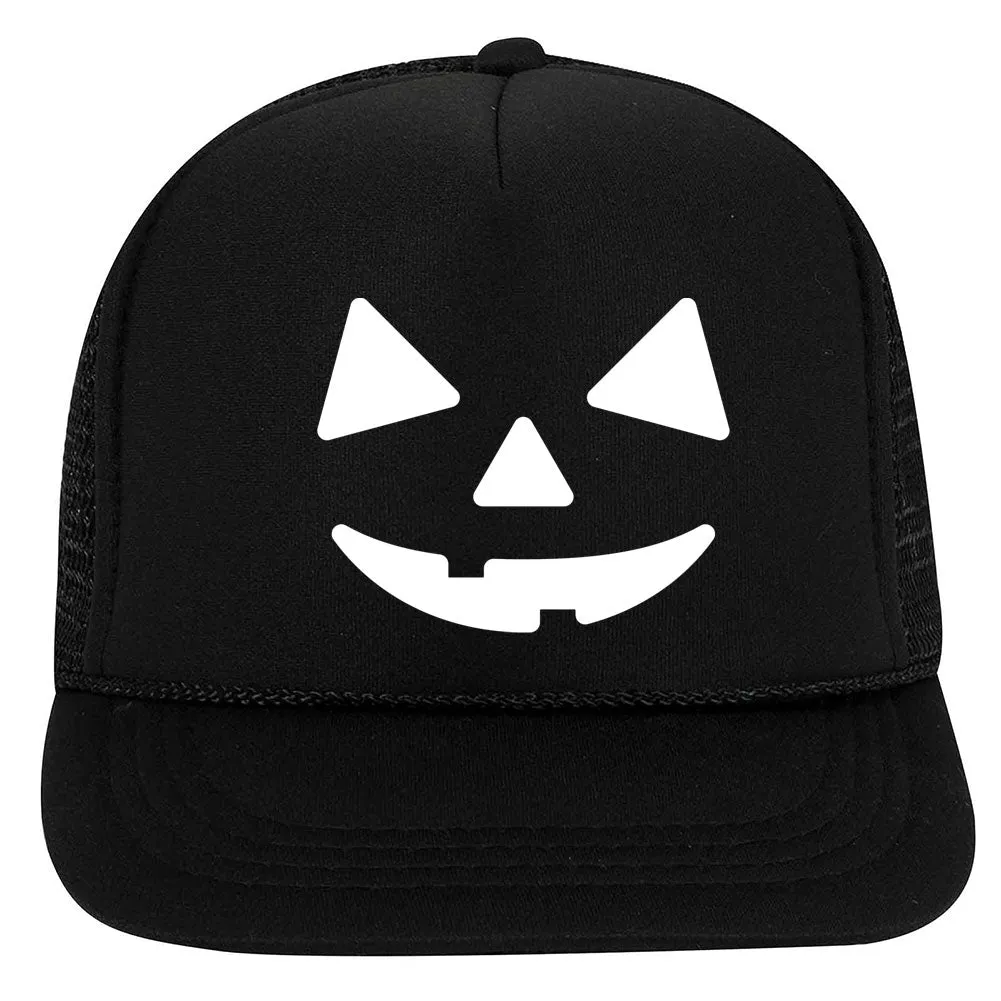 Youth Kid's Pumpkin Happy Face Puff Halloween Printed 5 Panel High Crown Foam Mesh Back Trucker Hat for Boys and Girls